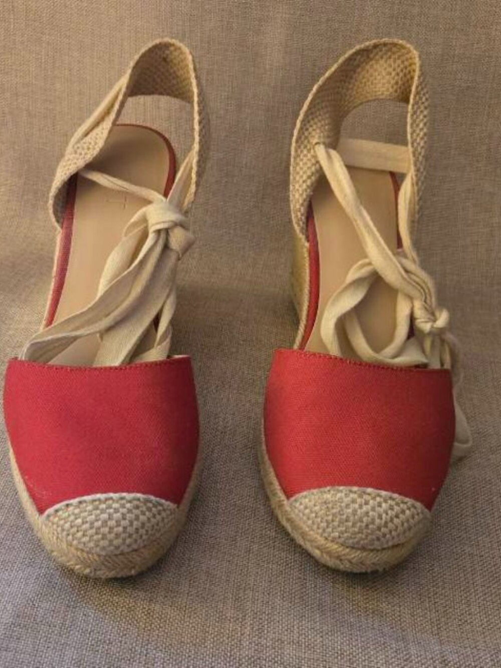 Ann Taylor LOFT Red Canvas Espadrille Flats Ankle Tie Jute Cap Toe Women Size 11